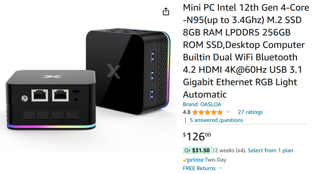 Screenshot of Mini PC Listing on Amazon.com
